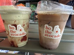 Strawberry avocado drink and mocha with almond milk (specify for which plant milk you want)   at Bo The Avocado in Kuala Lumpur