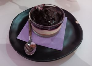 Berry cheesecake (with bite taken out of it) at Pasticceria Vegana Biologica La Magnolia in Verona