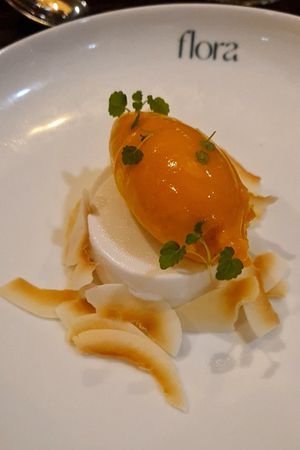 Coconut pannacotta with mango sorbet at Arken Hotel & Art Garden Spa in Gothenburg