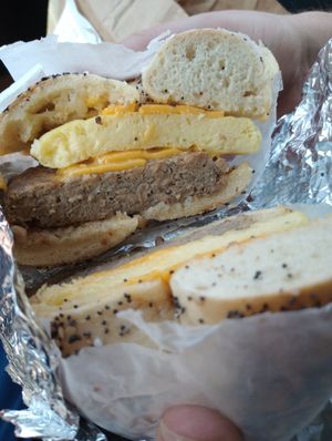 Impossible sausage, just egg, and (violife?) cheese on an everything bagel at Auburn Bagel Company in Auburn