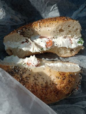Veggie tofu cream cheese on an everything bagel at Auburn Bagel Company in Auburn