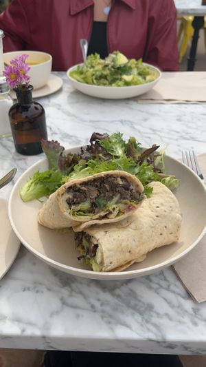 Black Bean Falafel Wrap, comes with vegan tzatziki!!  at Flower Child in St Louis