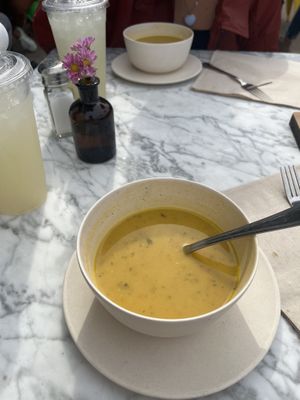 Season Butternut Squash Soup with Thai Basil. Drink is Rose Petal Lemonadee  at Flower Child in St Louis