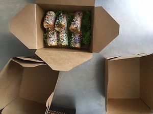 Raw spring rolls to go! Eco takeaway packaging at Health Oasis Resort in Koh Samui