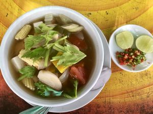 This soup has kaffir lime leaves, lemon grass, and ginger as a base. at Health Oasis Resort in Koh Samui