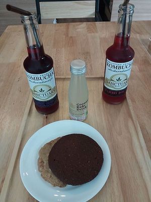 Kombucha, coconut kefir and gf cookies at Sunshine Market in Bangkok