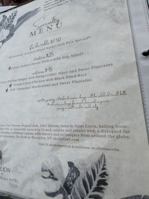 From the specials but the regular menu has several vegan offerings   at The Pavillion at Caille Blanc in Soufriere