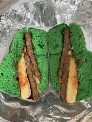 Spinach bagel with vegan egg, chao cheese and vegan sausagee  at Baron's Bagels in Point Pleasant
