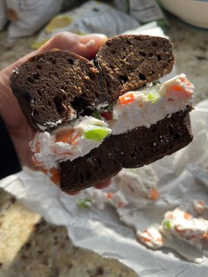 Pumpernickel bagel with tofu vegetable cream cheese   at Baron's Bagels in Point Pleasant