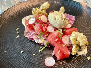 Vegan starter: radicchio fried broccoli and watermelonn  at Zebedeus in The Hague