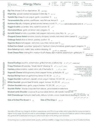 This is a copy of the allergy menu which shows the extent to which they will accommodate for food allergies and/or vegan diets. All staff is VERY up to speed on all vegan options.  at Meli Wine & Mezze in Washington