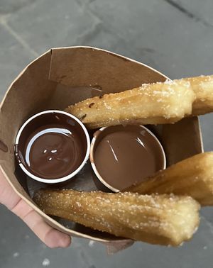 Vegan churros (dark chocolate is vegan, milk chocolate is not vegan)  at Be Chocolat Gòtic in Barcelona