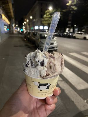 Stracciatella, almond, cinnamon/blueberry/pistachio mix  at Gelato Giusto in Milan