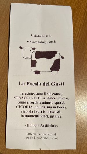 the Gelato Giusto poetry for ‘cicory’ and ‘stracciatella’  at Gelato Giusto in Milan