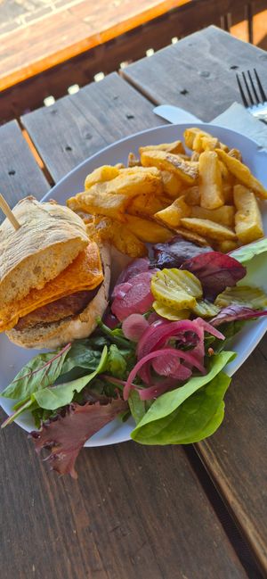 Green mountain burger and vegan cheese and sauce at The Three Pilchards  in Polperro