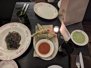 Fetuccini al fungi, fried zucchini, and pesto and focaccia (in bag) at Civico 2064 in Los Angeles