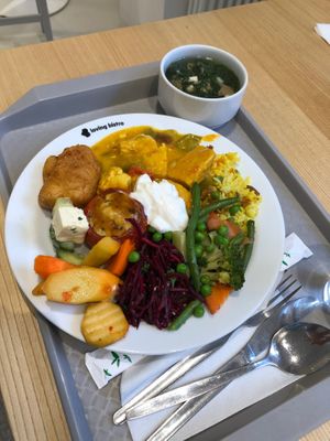 Selection from buffet and a spinach soup at Loving Bistro in Prague