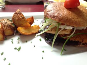 LoVeg lentil burger with soy garlic mayo and home made cashew cheese at LoVeg in Prague