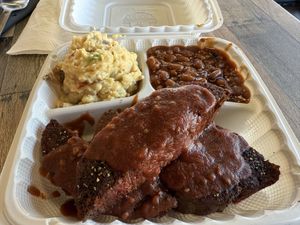 Ribs, potato salad and beans  at Vegan Mob in Vallejo