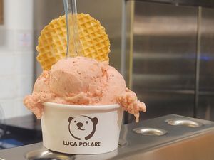 Fruit sorbets are vegan. The strawberry one was yummy! Waffle cone is not vegan, but waffle served with sorbet is. Huge scoops! at Luca Polare • ლუკა პოლარე in Kutaisi