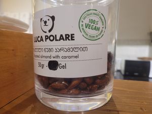 Caramel roasted almonds are vegan at Luca Polare • ლუკა პოლარე in Kutaisi
