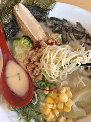 Thin noodles in Tonkotsu Ramen, Shoyu Tonkotsu Ramen had thicker noodles   at Vegan Friendly Ramen by Playpen Friends in Nara