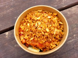 Jacket Potato with Vegan Butter, Five Bean Chilli and Crispy Onions at Hooton's Homegrown in Llanfairpwllgwyngyll