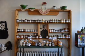 Canned items at Through Being Cool. Chutneys, poached fruit, pickled veggies, etc. at Through Being Cool Vegan Baking Co. in Toronto