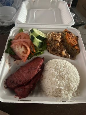 Broken rice dish with xá xíu (red “pork” bbq)  at Tang's Asian Vegetarian in San Jose