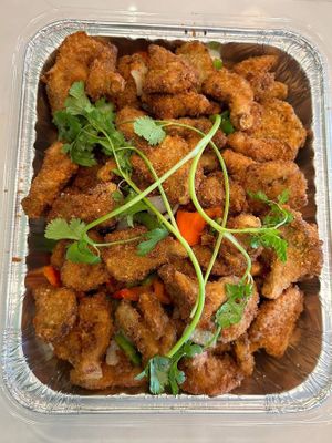 Party tray salt n pepper oysters mushroom at Tang's Asian Vegetarian in San Jose