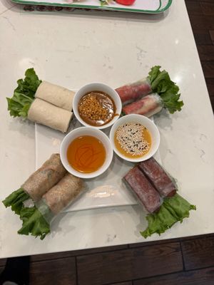4 rolls sampler ( spring, BBQ pork, summer and fresh rolls)with 3 kinds different sauces  at Tang's Asian Vegetarian in San Jose