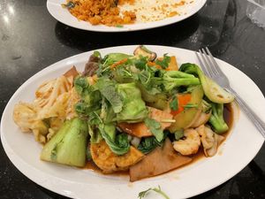 stir fried veg with tofu and fake meatt  at Tang's Asian Vegetarian in San Jose