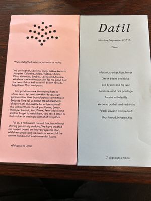 More like 12 courses: 3 appetizers; 3 dessertss  at Datil in Paris