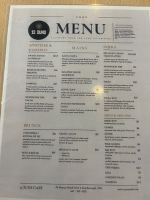 Amazing varied menu   at 13 SUNS Ethiopian Café & Eatery in Toronto