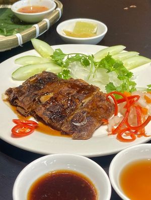 Zero Roasted Duck Meat (vegan meat) is so delicious. 
You can order "Zero Roasted Duck Meat Noodle" to eat with noodles or just order "Zero Roasted Duck Meat", which is also yummy at O Plant-based - Tôn Thất Đạm in Ho Chi Minh City