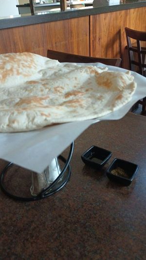 Giant bread and oil at Salam Restaurant in Hillsboro