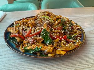 Lägmän II, dish with handmade in-house noodles and tofu at Uyghur Noodle House in Helsinki