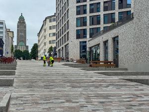 from the outside, on the right hand side on ground level, with Kallio church at Uyghur Noodle House in Helsinki