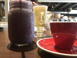 Espresso, fresh kombucha, and their signature peanut butter and jelly smoothie  at Carrots n' Dates in Windsor