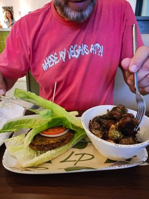 Veggie burger between lettuce leaves because they weren't sure if GF bun was vegan (it is) + side of roasted brussel sprouts not on menu but cashier suggested and they were yummy at Lake Park Diner  in Naples