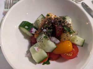 Tomato & Cucumber Salad (vegan without pita) at Grand Hotel in Mackinac Island
