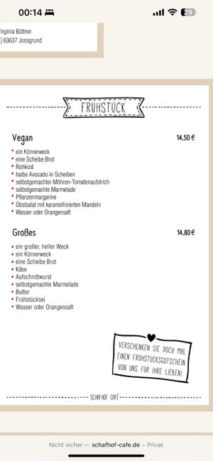 Speisekarte veganes Frühstück  at Schafhof Café in Jossgrund