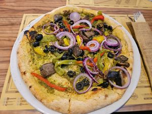 Vegan pizza with pesto base. Delicious! at Bamboo in Ovar