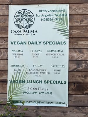 April 2025 specials  at Casa Palma Vegan Grill in Los Angeles