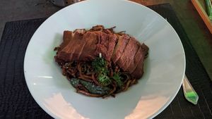 Mock duck on noodles at Tokyo Bay in Salzburg