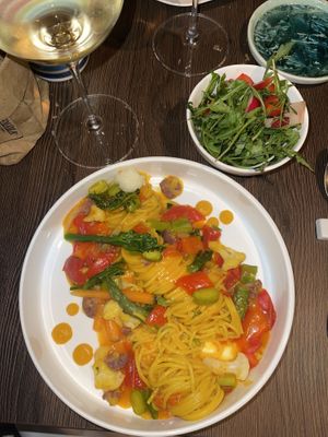 Vegan pasta. Saffron pasta with a pumpkin sauce and vegetables. It was delicious   at Oltre il Ristorante in Schilde