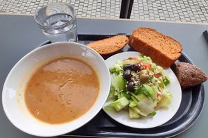 Curry seasoned vegetable soup, salad and bread at Ravintola Arvo in Espoo
