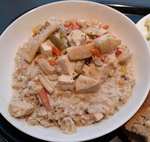 Tofu vegetable wok with coconut sauce, rice at Ravintola Arvo in Espoo