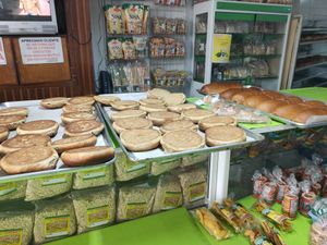 Fruit bread rolls (left) vegan. at El Verdadero Pan Integral in Bogota