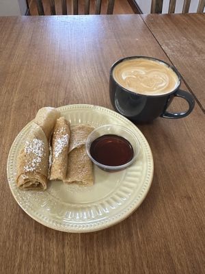 Vegan crepe with a delicious salted caramel rosemary lattee  at Raven's Nest Cafe in Northfield